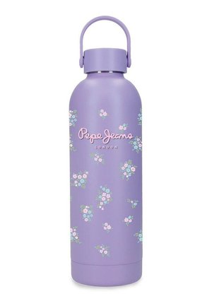 Botella de agua de acero inoxidable lavanda con pequeños patrones florales en tonos pastel y el logo "Pepe Jeans London" en escritura rosa.