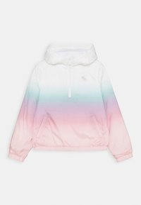 Lehká bunda s kapucí, bílého základu, p�řecházející do gradientu máty a růžové. Obsahuje přední zip a elastické manžety.