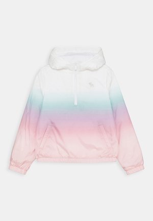 Veste légère à capuche avec une base blanche se dégradant vers un vert menthe et un rose. Dispose d'une fermeture éclair à l'avant et de poignets élastiques.