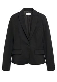 Blazer noir à la coupe ajustée, fermeture par un bouton unique, revers crantés et deux poches avant. Tissu lisse et texturé.