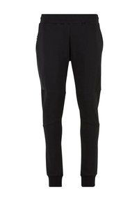 Svarta joggingsbyxor med elastisk midja, avsmalnande ben, sidofickor och texturerade paneler på sidorna.