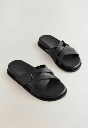 Sandales noires à glisser avec des lanières entrecroisées, fabriquées en matériau synthétique lisse. Design minimaliste avec une semelle plate et sans embellissements.