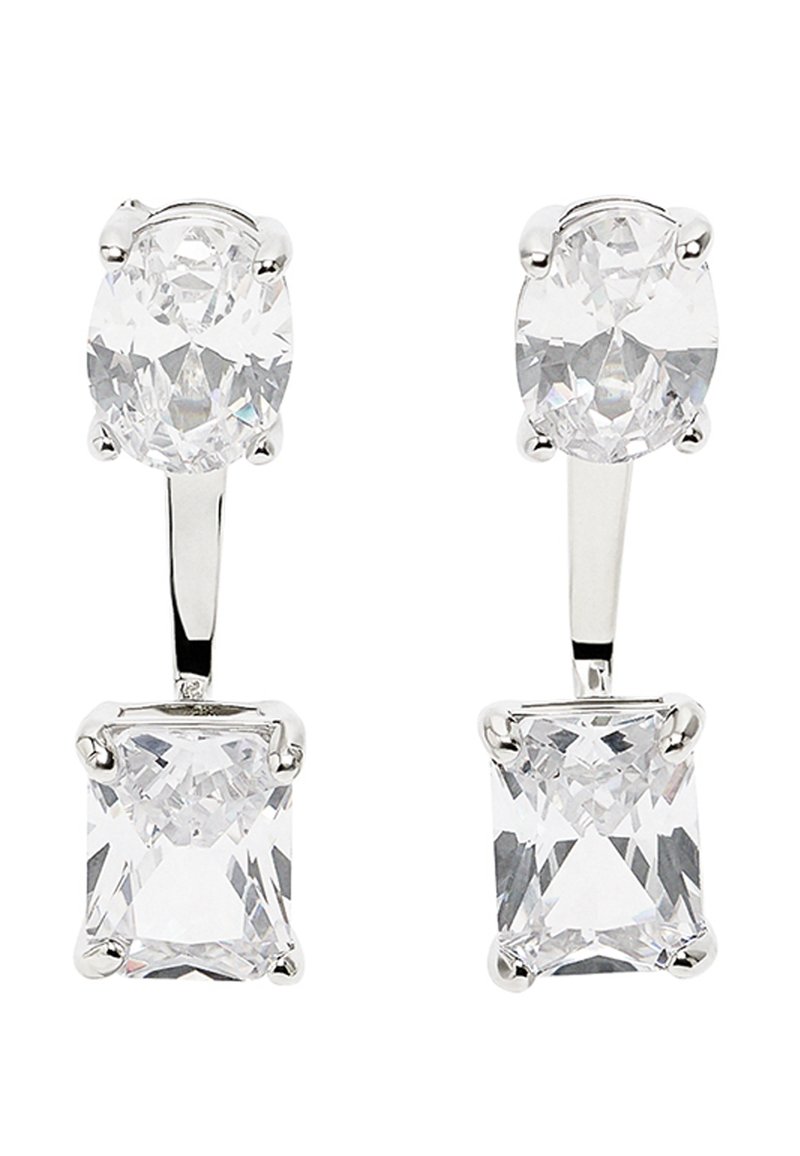 Srebrne kolczyki w kształcie kropli z owalnym kamieniem u góry i prostokątnym kamieniem na dole, oba osadzone w przezroczystych, fasetowanych cyrkoniach.
