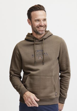 Brown hoodie made from soft fabric, featuring a front pocket, drawstring hood, and printed text on the chest with a small tri-color accent.
