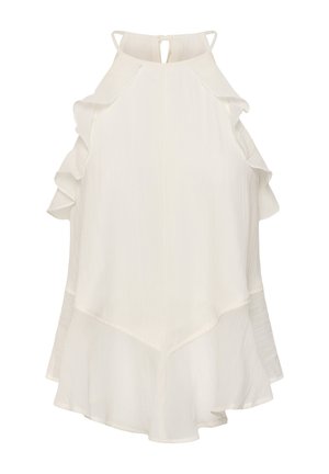 Weiße ärmellose Bluse mit gerafften Schultern, hohem Kragen und asymmetrischem Saum mit fließenden Stoffdetails.