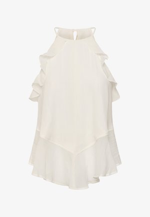 Blouse blanche sans manches avec épaules volantées, col montant et ourlet asymétrique avec détails en tissu fluide.