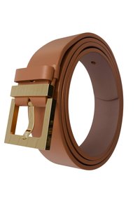 Tan leather belt with a rectangular gold buckle and a textured surface. The belt has a smooth finish and multiple holes for adjustment.