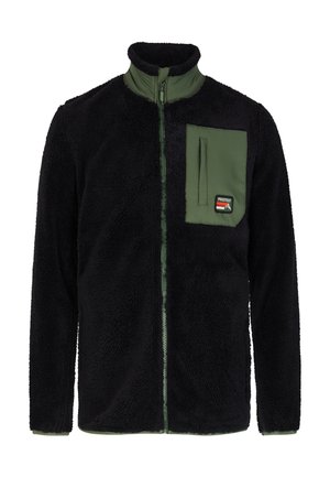 Fleecejack in zwart met een groene kraag en borstzak. Voorzien van een ritssluiting aan de voorkant en een logo-opdruk op de zak. Zacht, gestructureerd materiaal.