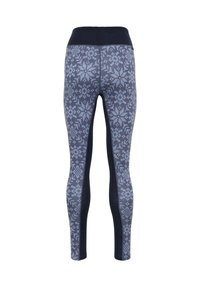 Aansluitende sportleggings met een blauw en grijs sneeuwvlokpatroon, voorzien van een hoge zwarte tailleband en gestructureerde zijkanten.