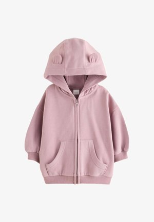 Hellrosa Kinder-Kapuzenjacke mit Reißverschluss, Fronttaschen und kleinen Stoffohren an der Kapuze, aus weichem Fleece-Material.