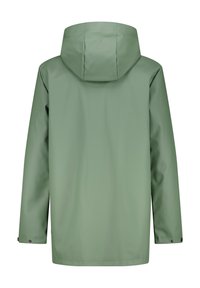 Waterproof green rain jacket with a hood, featuring a smooth texture, long sleeves, and snap closures at the cuffs.