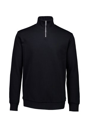 Suéter negro de cuello alto con cremallera frontal. Fabricado con un tejido suave y liso, cuenta con mangas largas y un corte relajado. Sin patrones visibles.