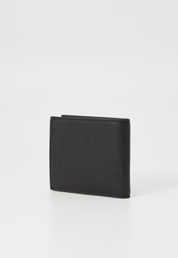 Black bifold wallet made of textured material. Features clean lines and subtle stitching. No visible branding or decorative elements.