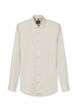 Beige herenoverhemd met lange mouwen, klassieke kraag, knoopsluiting aan de voorkant en subtiel gestructureerd patroon.