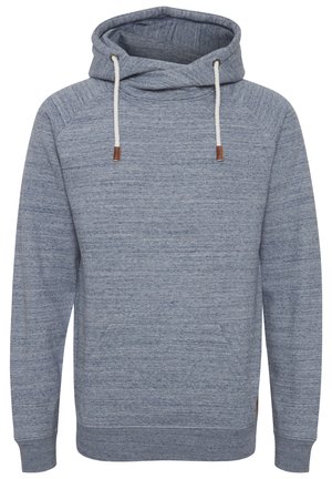 Mikina s kapucňou z jemného modrého melírovaného materiálu. Obsahuje predné vrecko, nastaviteľné šnúrky a rebrované manžety a lem.