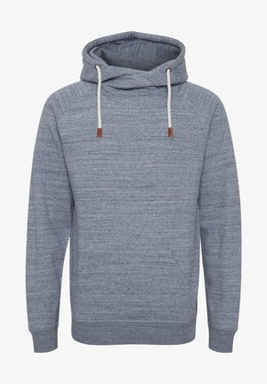 Világoskék melírozott anyagú kapucnis pulóver. Elöl zseb, állítható húzózsinórok és bordázott mandzsetta és alsó szegély jellemzi.