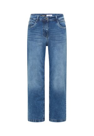 Jeans en denim bleu à jambes droites avec fermeture bouton et zip à l'avant, poches avant, et léger délavage sur les cuisses et les genoux.