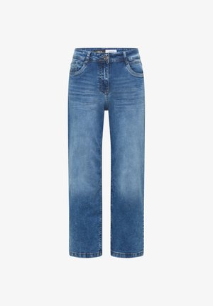 Blauwe rechte spijkerbroek met knoop- en ritssluiting aan de voorkant, voorzakken en subtiele vervaging op de dijen en knieën.