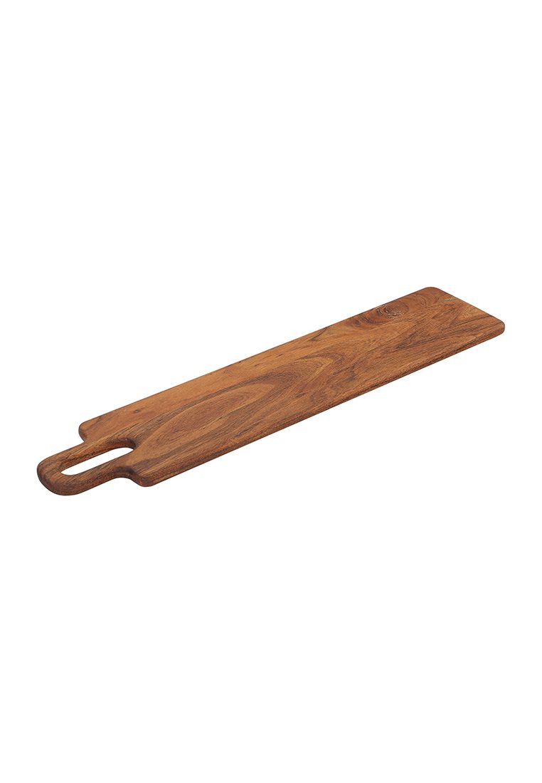 Tagliere in legno rettangolare di colore marrone scuro, con superficie liscia, bordi arrotondati e manico con incisione per una presa facile.