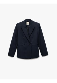 Tummansininen kaksirivinappi bleiseri, joka on valmistettu villasekoitteesta, jossa on raidoitus, kaarevat läpät ja kaksi etutaskua mustilla nappilukkoilla.