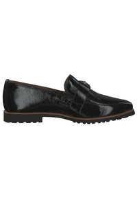 Mocassin en cuir noir avec une finition brillante et vernie. Comprend une bride décorative et des accessoires dorés. Semelle texturée pour une meilleure adhérence.