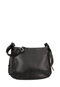 Zwarte leren schoudertas met een zachte textuur, verstelbare schouderriem, ritssluiting en subtiele zilveren hardware accenten.