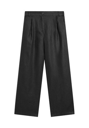 Sorte bukser med vide ben lavet af et glat, let stof. Har plisseringer ved taljen og en enkelt knaplukning. Ren, minimalistisk design.