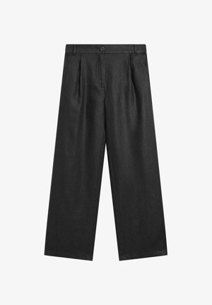 Sorte bukser med vide ben lavet af et glat, let stof. Har plisseringer ved taljen og en enkelt knaplukning. Ren, minimalistisk design.