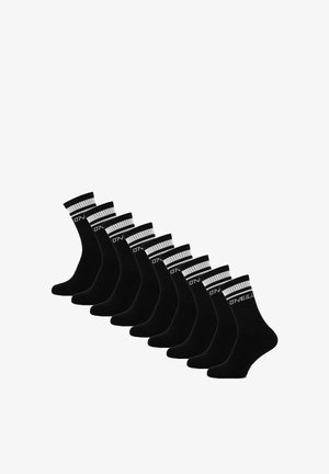 Dix paires de chaussettes noires montantes avec des rayures blanches et le logo "O'NEILL" sur le bord, disposées en ligne diagonale sur fond blanc.
