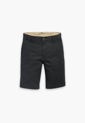 Pantalones cortos chinos negros de corte recto, con bolsillos delanteros y cierre de botón. Fabricados en suave tejido de algodón con una textura lisa.
