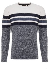 Knitted sweater featuring a textured surface, white, navy, and blue horizontal stripes, crew neck, and long sleeves.