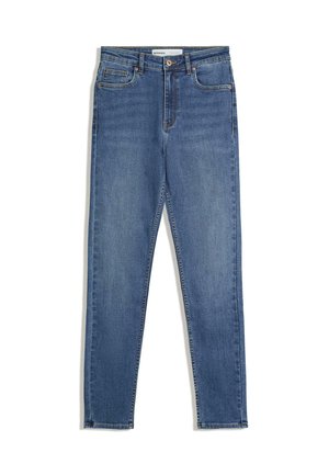 Blå denim jeans med høj talje, slim fit, fem-lomme design og forstærkede sømme. Glat stof med let slid.