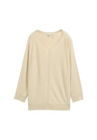 Beige Strickpullover mit weitem Rundhalsausschnitt, Dreiviertelärmeln und einer Mittelnähtedetail. Der Stoff wirkt weich mit einer glatten Textur.