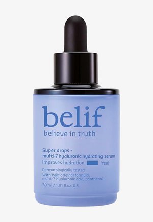 Flacon compte-gouttes bleu étiqueté belif Super drops multi-7 sérum hydratant à l'acide hyaluronique, 30 ml, avec bouchon noir et compte-gouttes en caoutchouc.