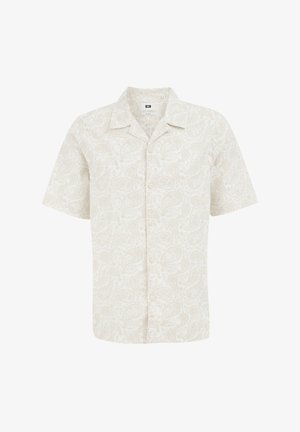 Koszula z krótkim rękawem w jasnym beżowym kolorze, ozdobiona skomplikowanym wzorem paisley. Wykonana z lekkiego materiału, z zapięciem na guziki z przodu i kołnierzykiem.