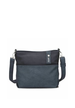 Kompakte Umhängetasche in zweifarbigem Dunkelblau mit verstellbarem Träger, Reißverschluss und kleinem Markenlogo auf der oberen Vorderseite.