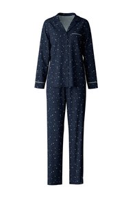 Navy pyjama set met een sterrenpatroon, met lange mouwen en een broek, gemaakt van zachte stof, met witte bies langs de kraag en manchetten.