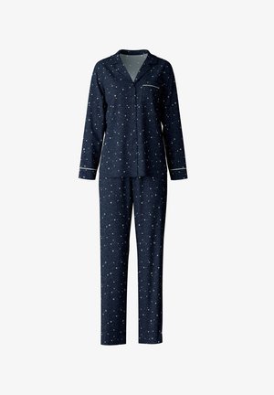 Navy pajama set with a star pattern, featuring long sleeves and trousers, made of soft fabric, with white piping along the collar and cuffs.