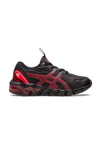 Black athletic shoe with red accents, mesh upper, textured sole, and a gel cushioning system. Features a loop for easy wear.