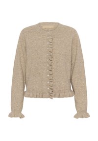 Bež pleteni kardigan z dolgimi rokavi, bisernimi gumbi po sredini in nabrano obrobo na manšetah ter robu.