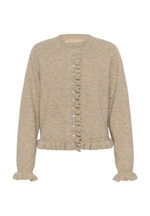 Bežinė megzta kardiganas su ilgomis rankovėmis, perliniai mygtukai centre ir raukšlėtos krašteliai ant rankovių ir apačios.