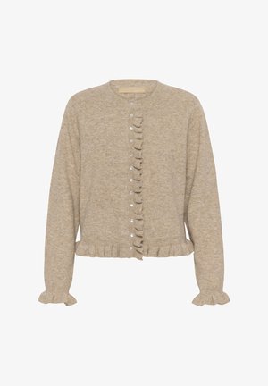 Beige strikcardigan med lange ærmer, perleknapper ned langs midten og bølgede kanter på manchetterne og kanten.