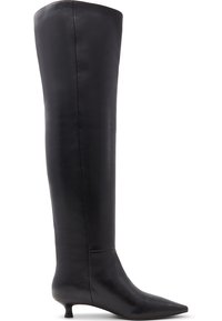 Black leather knee-high boot with a pointed toe and low kitten heel, shown from the side on a white background.