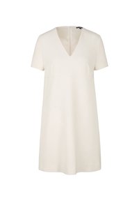 Cremfarbendes, kurzärmeliges Kleid mit V-Ausschnitt und gerader Silhouette, ausgestattet mit einem Reißverschluss im Rücken und einer glatten Stofftextur.