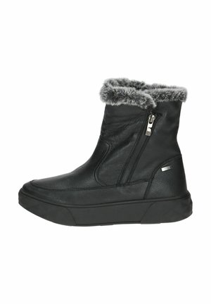 Botas de tobillo de cuero negro con un puño de piel sintética, cierre con cremallera, suela de goma plana y acabado texturizado. Diseño funcional para calidez y comodidad.