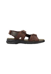 Sandalias de cuero marrón con correas ajustables, diseño de punta abierta, plantilla acolchada y suela de goma negra. Presenta dos hebillas para el cierre.