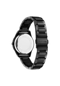 Schwarze Edelstahl-Uhr mit einem glatten, verlinkten Armband und rundem Gehäuse. Verfügt über einen soliden, Edelstahl-Gehäuseboden, der mit Details beschriftet ist.
