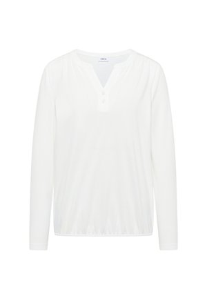 Witte lange mouwen top met een ronde halslijn en een gedeeltelijke knopenrij. Kenmerkt zich door gather-details bij de schouders en een elastische onderkant.