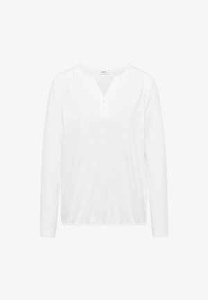 Witte lange mouwen top met een ronde halslijn en een gedeeltelijke knopenrij. Kenmerkt zich door gather-details bij de schouders en een elastische onderkant.