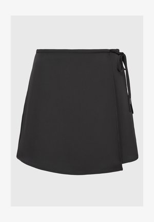 Black wrap skirt made of smooth fabric with a tie closure on the side, featuring a flared hem and minimalistic design for versatile styling.